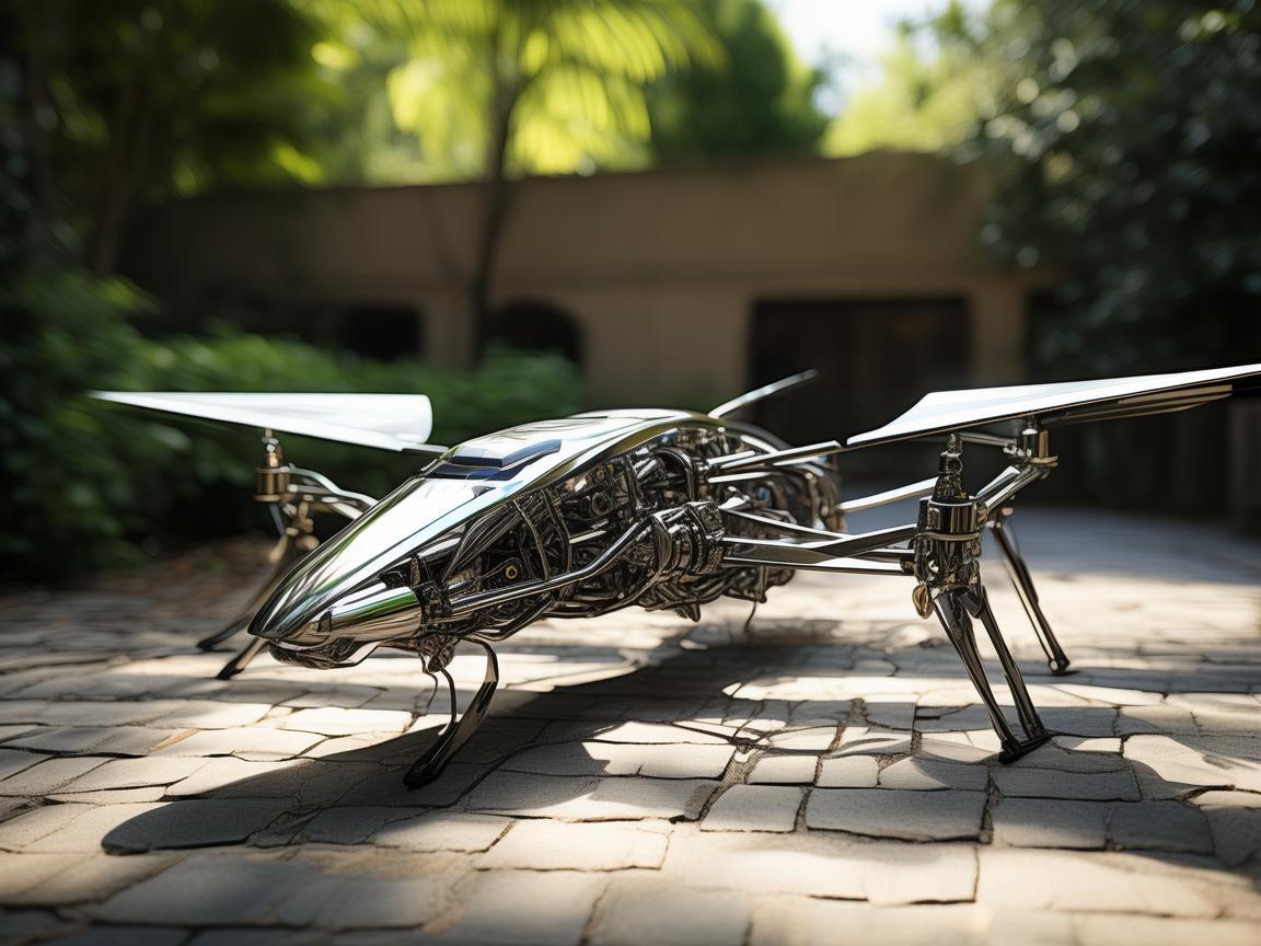 庭院中的金属材质无人机，坚固与灵动的完美融合