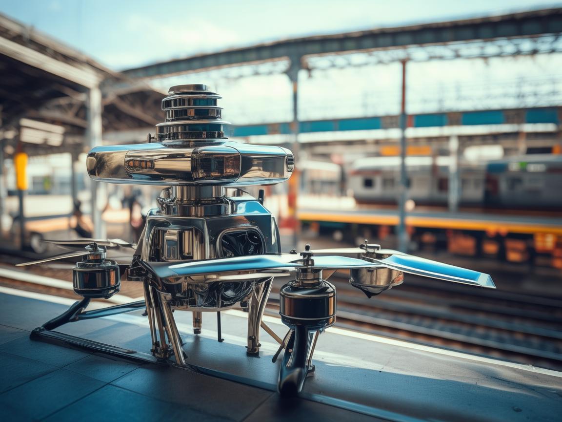 火车站站台的金属无人机守护者